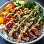 Korean BBQ Steak Rice Bowls with Spicy Cream Sauce